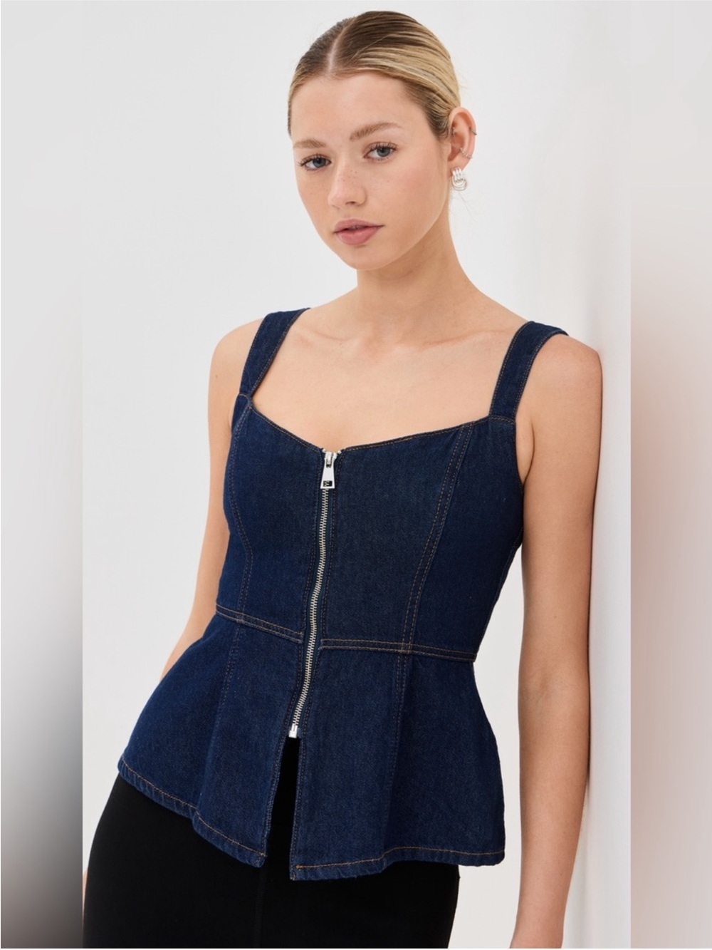 Reformation Dark Blue Denim Zip Peplum Tank